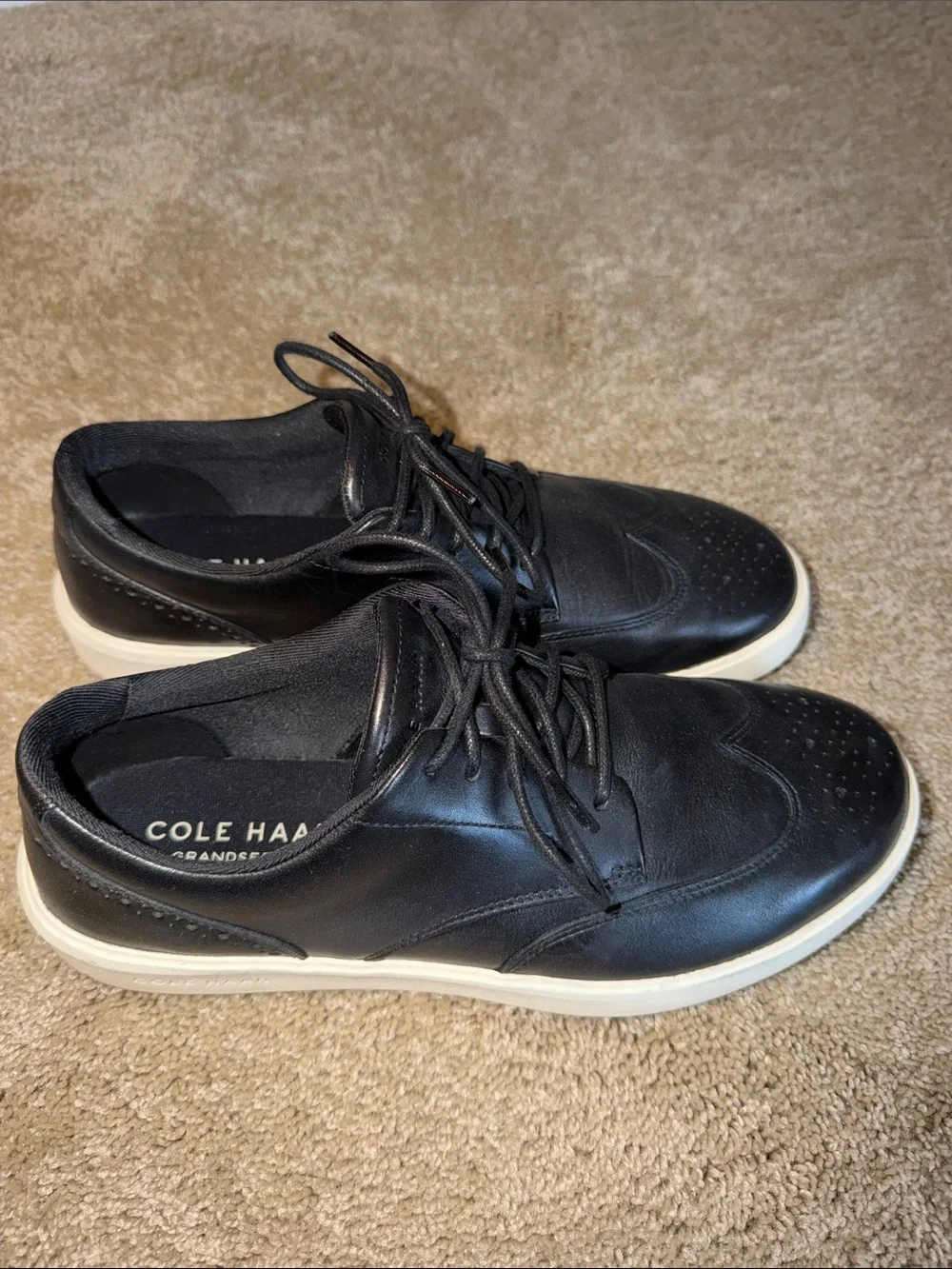 Cole Haan Black Leather Wingtip Derbys with White Soles